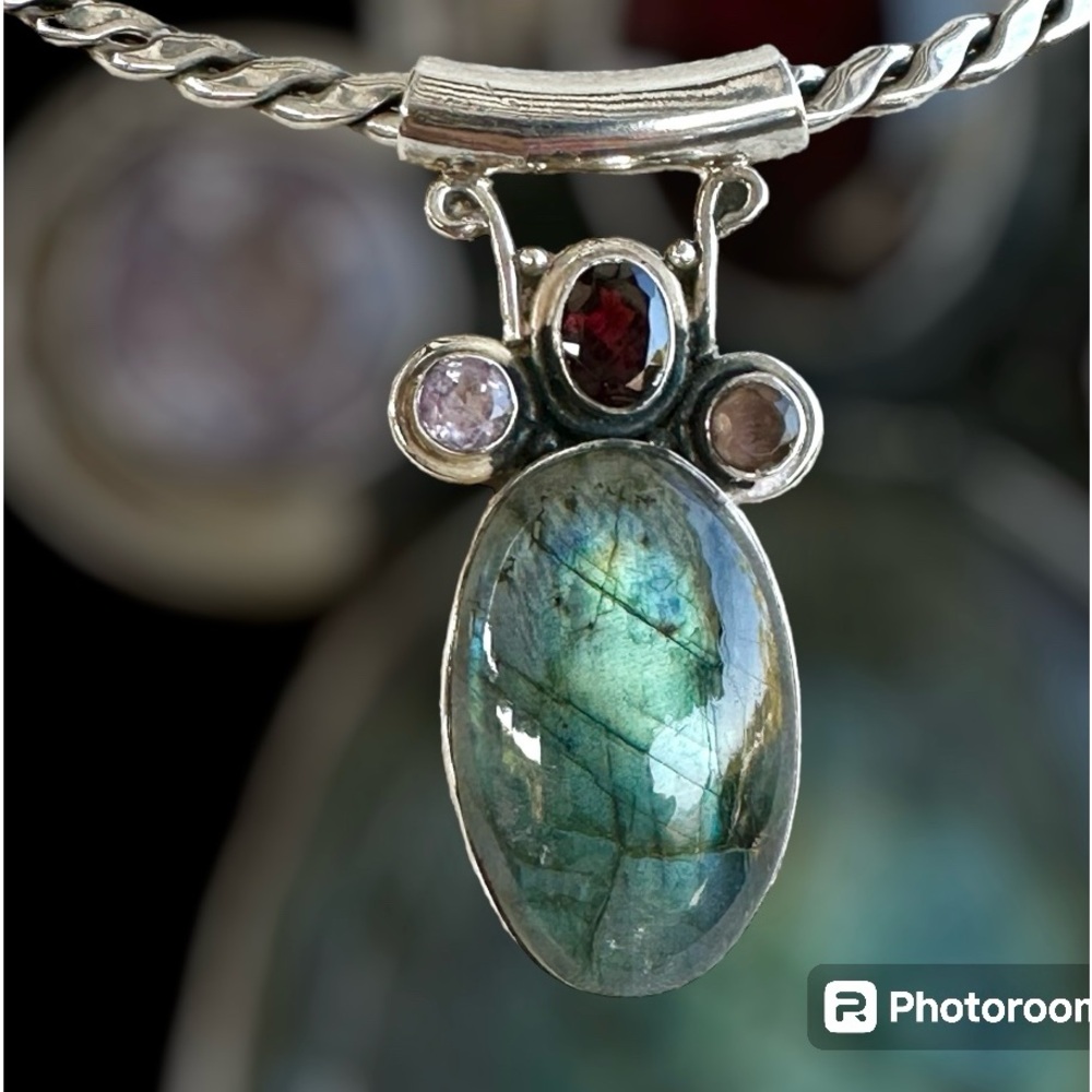 Beautiful lg labradorite pendant amethyst garnet topaz sterling silver stunning - Picture 3 of 8